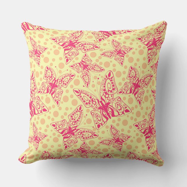 Spitzenschmetterlinge auf gelbem Polka-Punkt Kissen (Vorderseite)