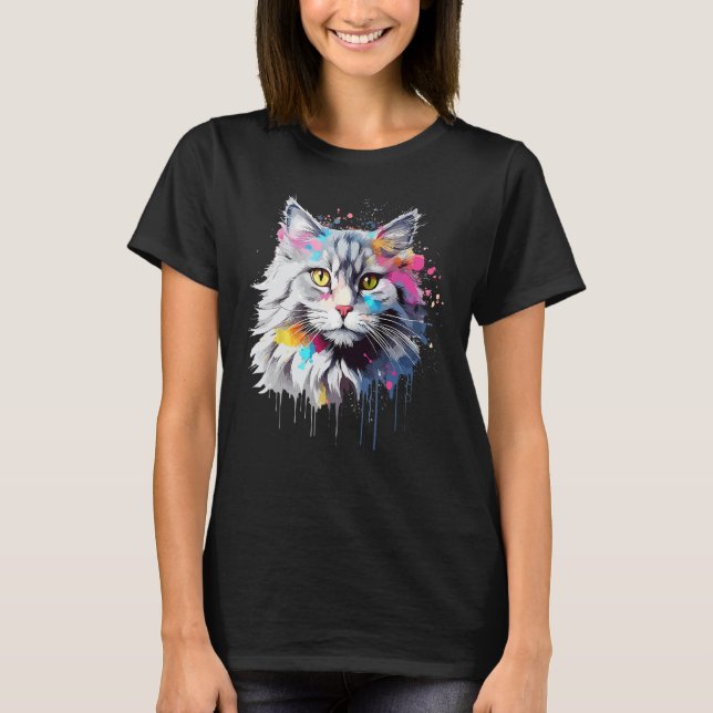 Splash Art Siberian Cat Face Colorful T-Shirt (Vorderseite)