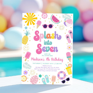 Splash in Seven Girl Pool Party Sommer Geburtstag Einladung