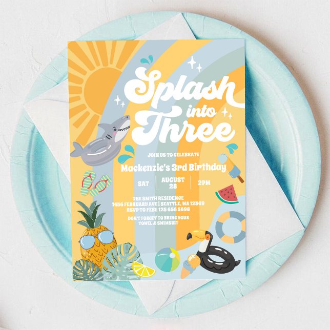 Splash Into Three Summer Rainbow Sun 3rd Birthday  Einladung (Von Creator hochgeladen)
