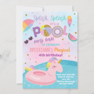 Splash Pool Party Geburtstagsbash, Einhorn. Einladung