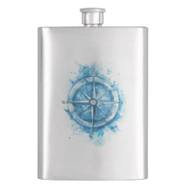 Splashed Compass - blaue künstlerische Aquarellfar Flachmann