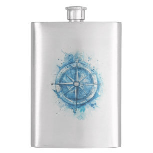 Splashed Compass - blaue künstlerische Aquarellfar Flachmann