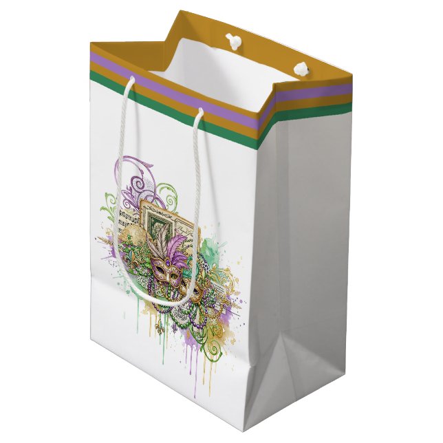 Splatter Mardi Gras collage Mittlere Geschenktüte (Vorderseite Schrägansicht)