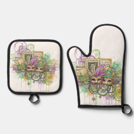 Splatter Mardi Gras collage Ofenhandschuh & Topflappen-Set