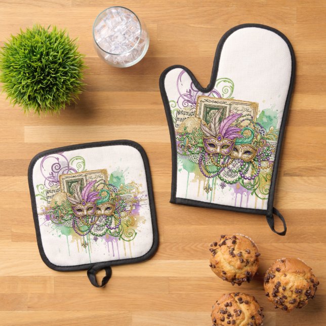 Splatter Mardi Gras collage Ofenhandschuh & Topflappen-Set (Oben Unten)