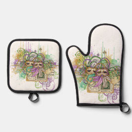 Splatter Mardi Gras Collage Ofenhandschuh & Topflappen-Set
