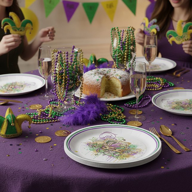 Splatter Mardi Gras collage Pappteller (Von Creator hochgeladen)