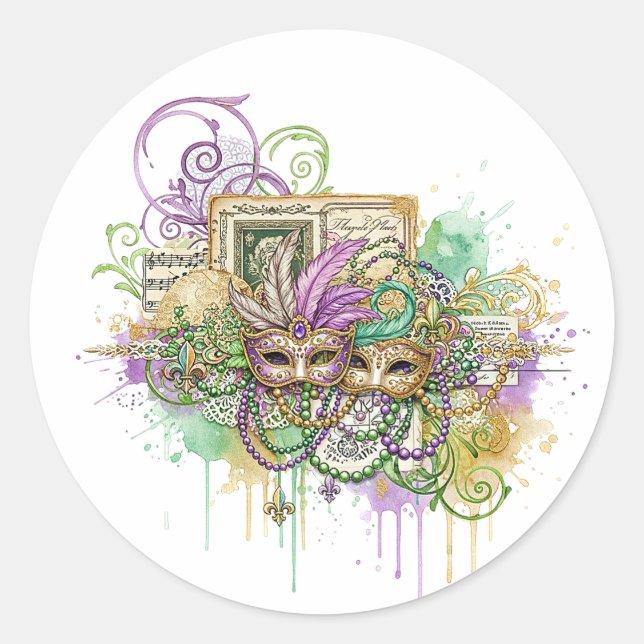 Splatter Mardi Gras collage Runder Aufkleber (Vorderseite)