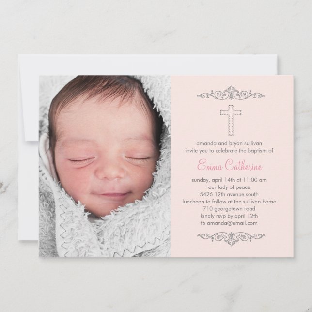 Splendid Cross Photo Baptism Invitation - Pink (Devant)