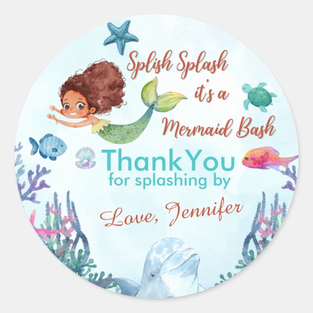 Splish Splash Brown Mermaid Bash Girls Vielen Dank Runder Aufkleber (Vorderseite)