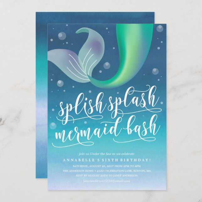 Splish Splash Mermaid Bash Birthday Einladung (Vorne/Hinten)