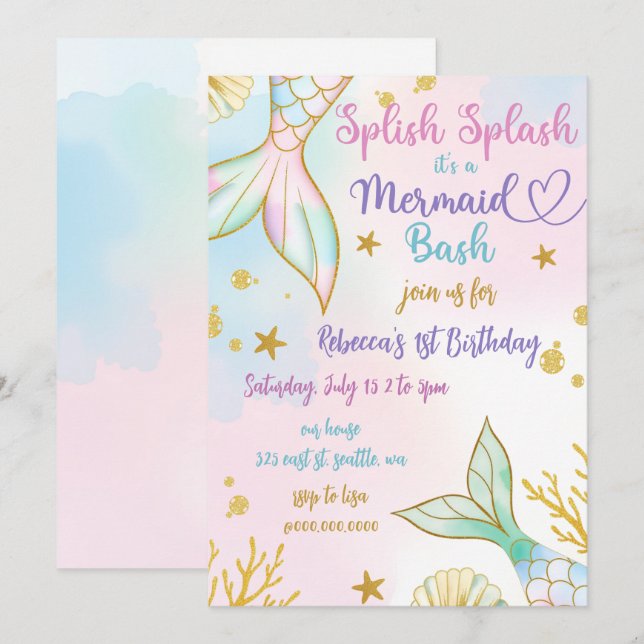 Splish Splash Mermaid Bash Birthday Party Einladung (Vorne/Hinten)