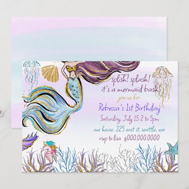 Splish Splash Mermaid Bash Birthday Party Einladung (Vorne/Hinten)