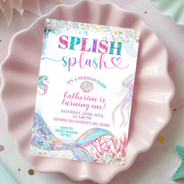 Splish Splash mermaid bash girl birthday invitatio Einladung (Von Creator hochgeladen)