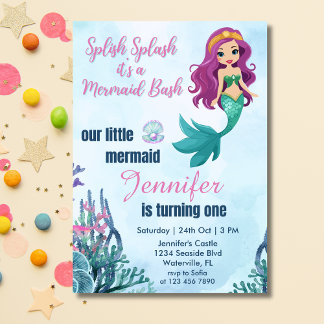 Splish Splash Mermaid Bash Girls 1. Geburtstag Einladung