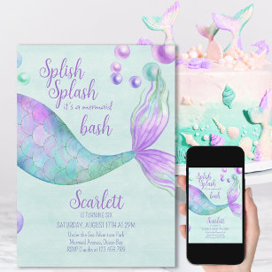 Splish Splash Mermaid Bash Girls Geburtstagsparty Einladung