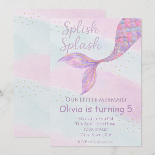 Splish Splash Mermaid Birthday Einladung (Vorne/Hinten)