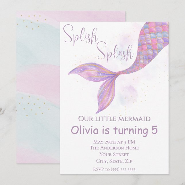 Splish Splash Mermaid Birthday Einladung (Vorne/Hinten)