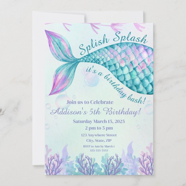 Splish Splash Mermaid Birthday Einladung (Vorderseite)