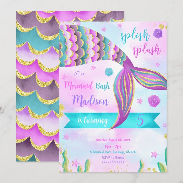 Splish Splash Mermaid Birthday Einladung (Vorne/Hinten)