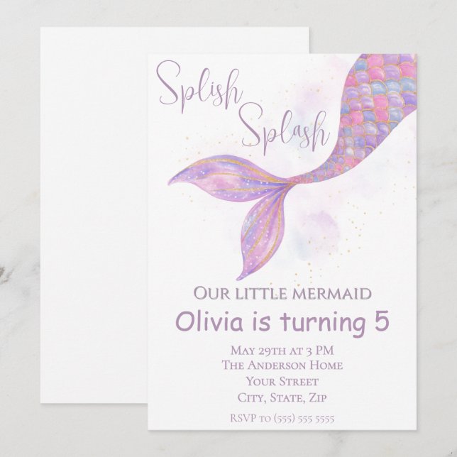 Splish Splash Mermaid Birthday Einladung (Vorne/Hinten)