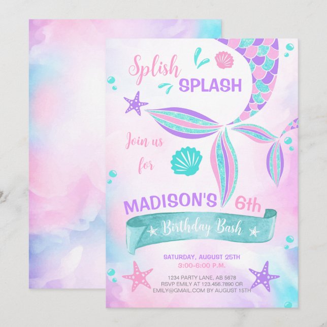 Splish Splash Mermaid Birthday Einladung (Vorne/Hinten)