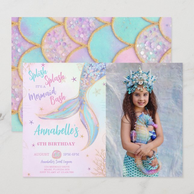 Splish Splash Mermaid Birthday Foto Einladung (Vorne/Hinten)