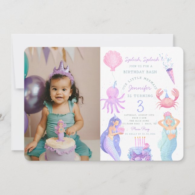 Splish Splash Mermaid Birthday Foto Einladung (Vorderseite)