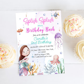 Splish Splash Mermaid Girl 2. Geburtstag Party Einladung