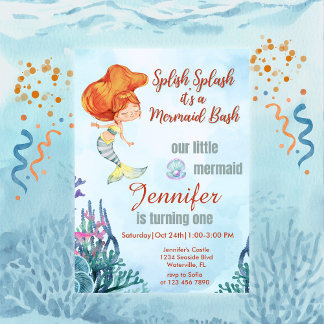 Splish Splash Orang Mermaid Bash Girl 1. Geburtsta Einladung