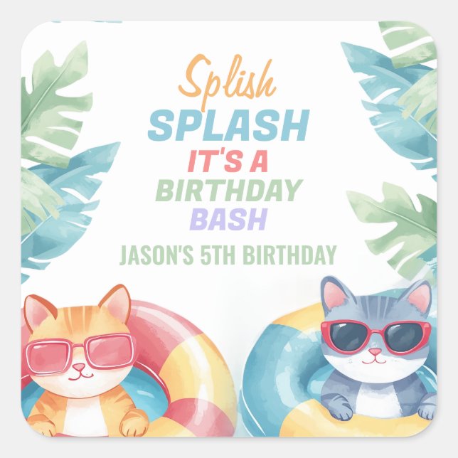 Splish Splash Pool Party Geburtstag Quadratischer Aufkleber (Vorderseite)