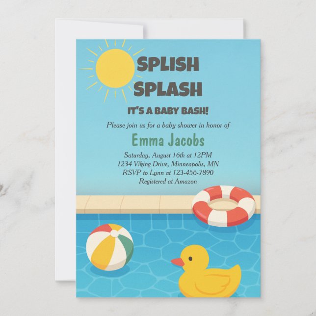 Splish Splash Pool Party Kinderdusche Einladung (Vorderseite)