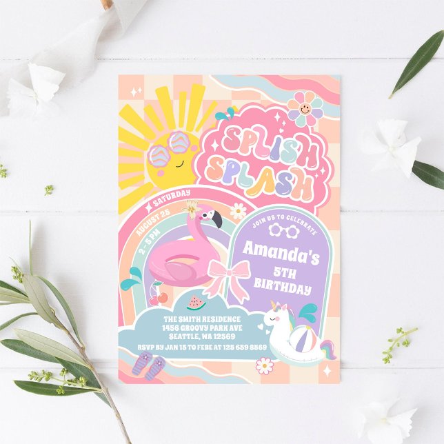Splish Splash Retro Groovy Daisy Birthday Invitati Einladung (Von Creator hochgeladen)