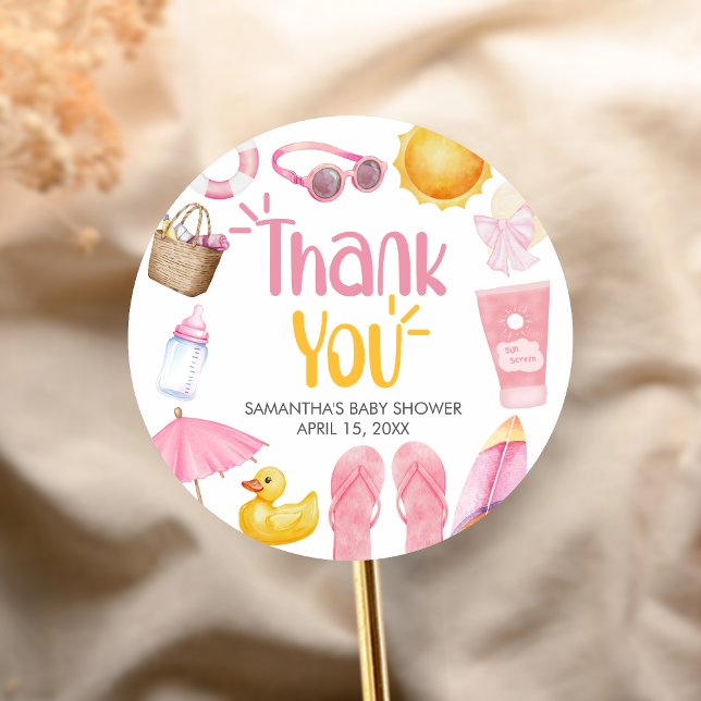 Splish Splash Summer Baby Shower Runder Aufkleber (Pink Splish Splash Baby Shower Sticker)