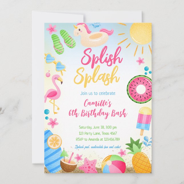 Splish Splash Summer Girl Geburtstag Einladung (Vorderseite)