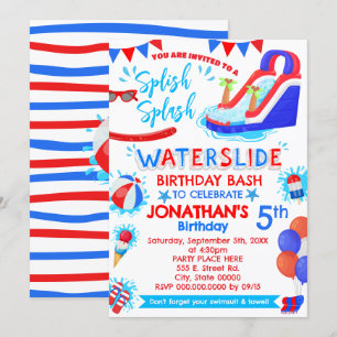 Splish Splash Waterslide Birthday Red White Blue Einladung