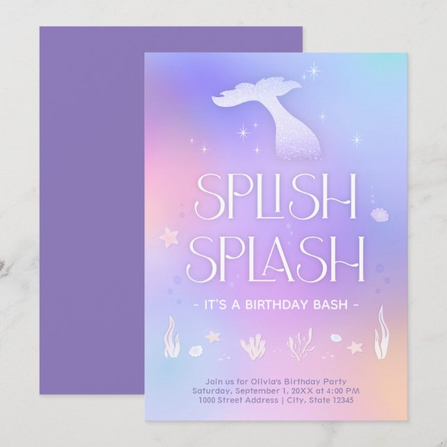 Splish Splash Whimsical Funkelnd Mermaid Geburtsta Einladung (Vorne/Hinten)