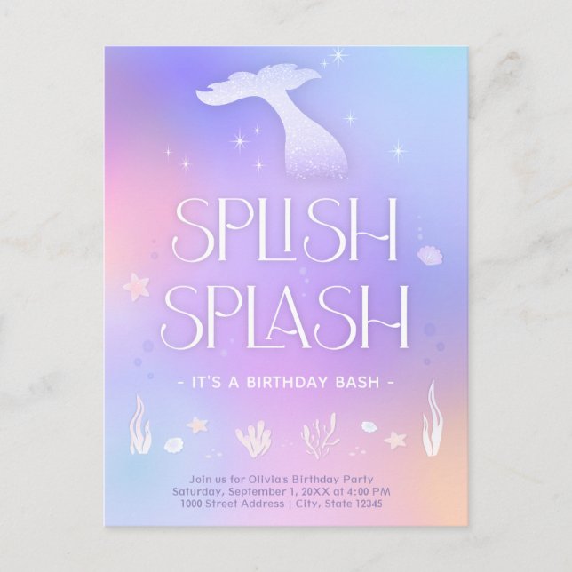 Splish Splash Whimsical Sparkle Mermaid Birthday Postkarte (Vorderseite)