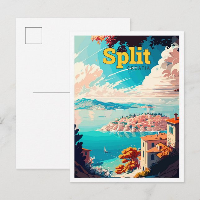 Split Croatia Reisen Vintage Illustration Postkarte (Vorne/Hinten)