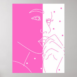 Split Face Pink and White Polka Dot Line Art Poster