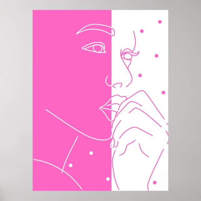 Split Face Pink and White Polka Dot Line Art Poster (Vorne)