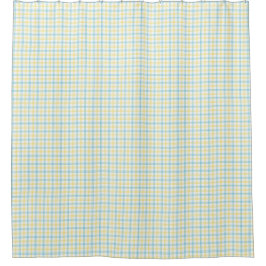 Split image showing a pastel plaid shower curtain duschvorhang