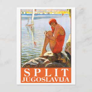 Split, Jugoslawien, Mädchen auf dem Felsen am Meer Postkarte