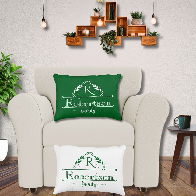 Split Monogram Family Name Forest Green Frame Dekokissen (Von Creator hochgeladen)