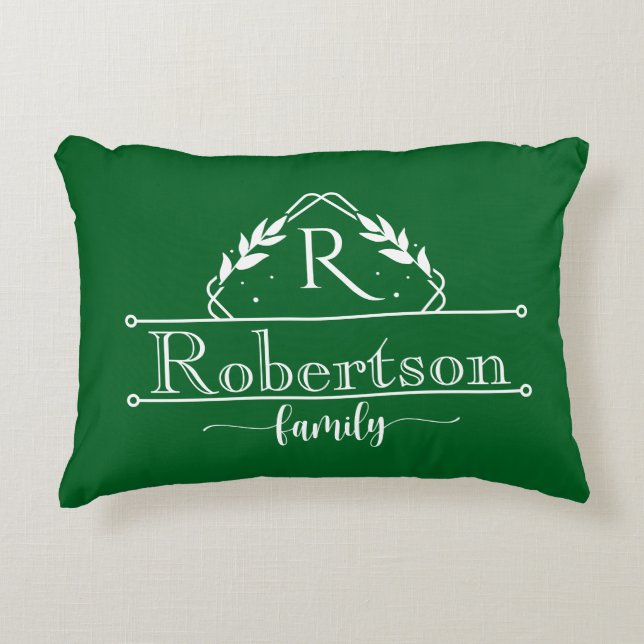 Split Monogram Family Name Forest Green Frame Dekokissen (Vorderseite)
