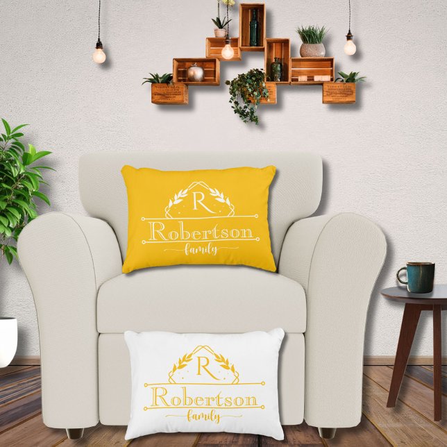 Split Monogram Family Name Yellow Orange Frame Dekokissen (Von Creator hochgeladen)