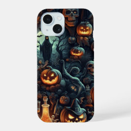 Spookes 3D Halloween, Fledermäuse, Schädel, Pumpki iPhone 15 Hülle
