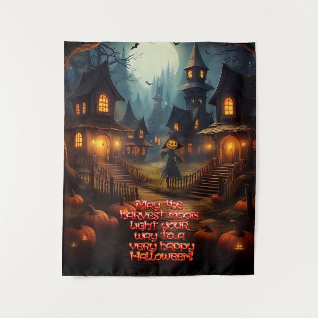 Spookes Halloween-Dorf mit Scare Crow Wandteppich (Vorderseite)
