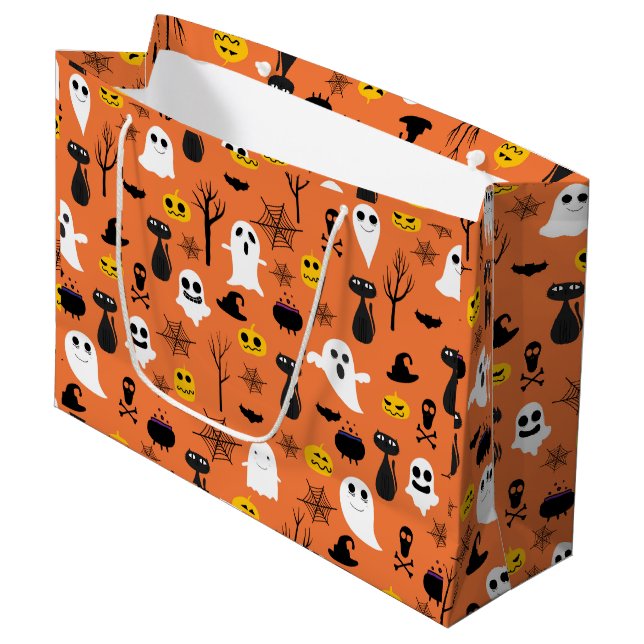 Spookes Halloween-Symbole - klassisches Farbmuster Große Geschenktüte (Vorderseite Schrägansicht)